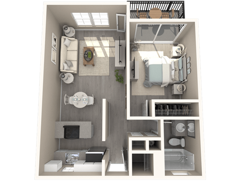 A 3D floor plan of a small apartment with a kitchen, living room, and bathroom.